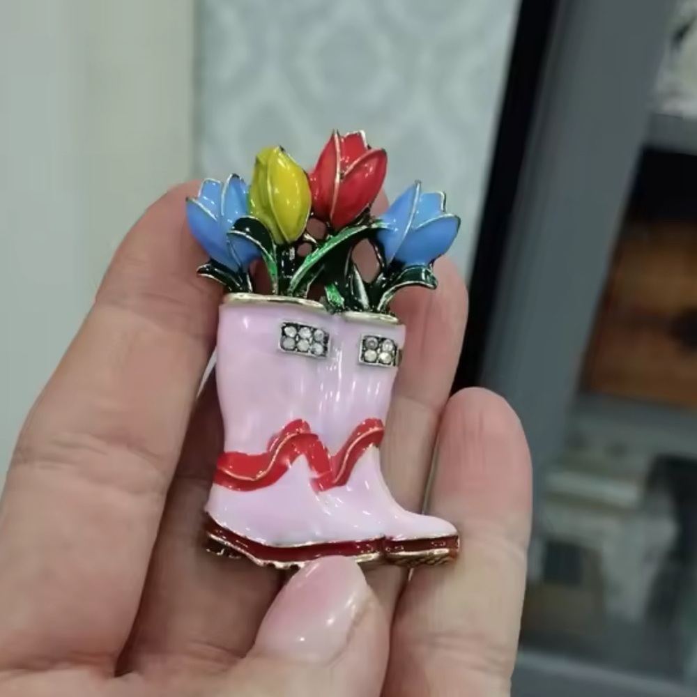Rain Boots Flower Bouquet Brooch – Spring Garden Jewelry - Picture 4 of 9